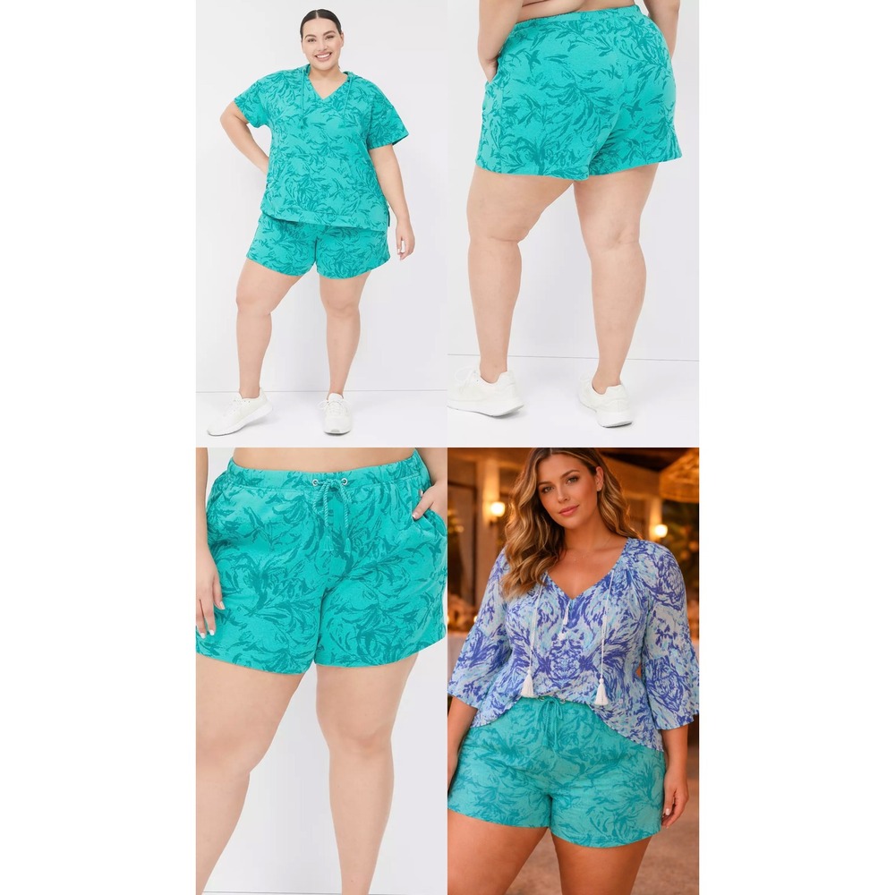 Livi Lane Bryant Teal Tropical Leaf French Terry Lounge Shorts Womens 18/20
